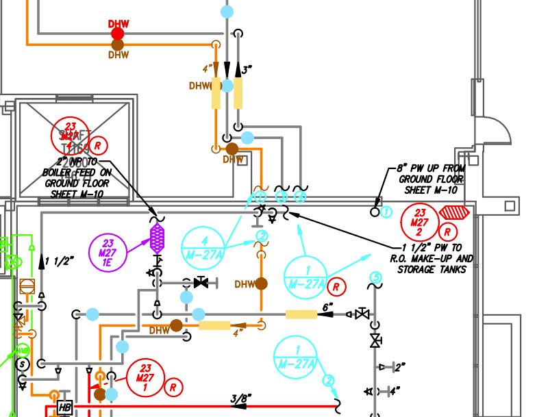 Close up of CAD down piping - Sustainability through Reliable Piping Schematics in Hospitals and Large Facilities - HydroCorp - HydroCorp