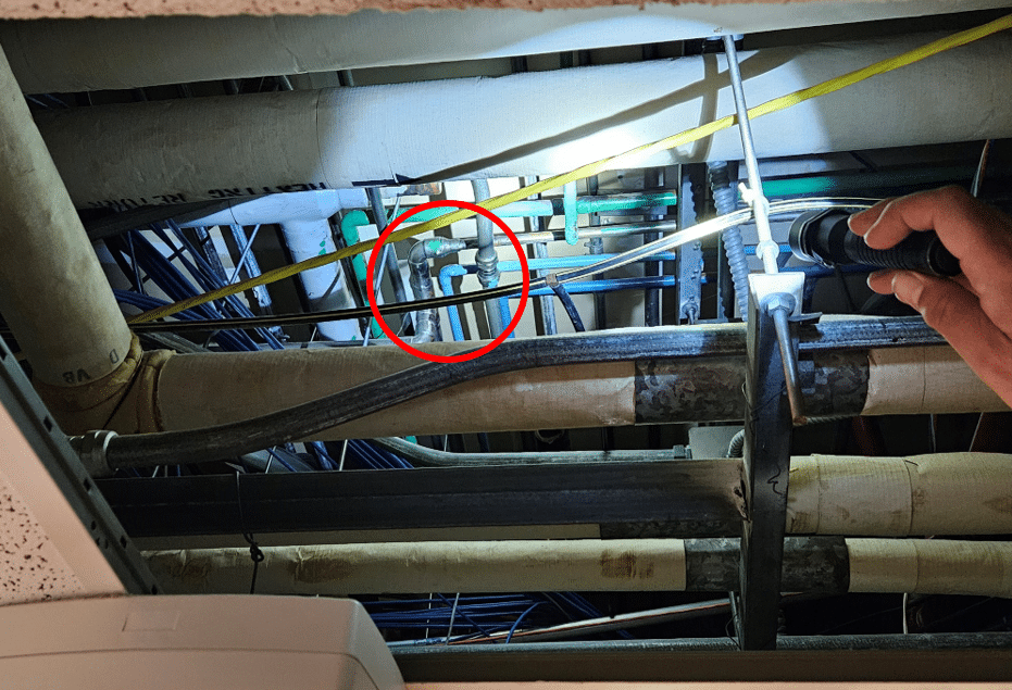 Complex-Piping-in-Ceiling-with-Red-Callout-Circle - HydroCorp Complex-Piping-in-Ceiling-with-Red-Callout-Circle - Poll Data Released on Hospital Piping Schematics - HydroCorp - HydroCorp