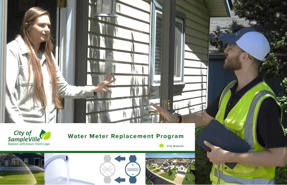 Meter replacement with people at door and sampleville - Keeping Consumer Confidence During Water Meter Replacement Projects - HydroCorp - HydroCorp